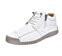 UK 5 Unisex Hand Stitching Leather Flat Ankle Boots High Top Loafers Wide Width Boots Men Women Slip on Round Toe Non-Slip Walking Shoes Casual Driving Daily Business Sneakers White