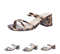 UK 5 Women Block Heeled Mules Leopard Print Strappy Square Open Toe Low Block Heels Sandals Slip on Slides Casual Party Evening Backless Mules Sandals Brown Ladies Footwear Gifts