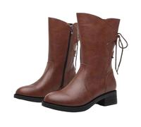 UK 5 Women’s Low Calf Boots Wide Calf Chunky Block Heel Round Toe Booties Low Heel Side Zipper Casual Boots Back Lace up Adjustable Motorcycle Fashion Western Boot Stylish Brown Footwear Gift