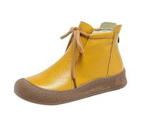 UK 5 Women's Casual Soft Flat Boots Faux Leather Round Wide Toe Box High Top Ankle Booties Short Bootie Retro Comfort Lace-Up Anti-Slip Fall Winter Walking Boots for Ladies Yellow Fur Lined Gifts