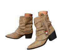 UK 5 Womens Foldover Tassel Ankle Booties Fold Over Short Bootie Flat Low Block Heel Suede Pull on Cowboy Boots Cowgirl Western Slouchy Ankle Booties A#02_Khaki Stylish Footwear Gifts