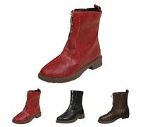 UK 5 Womens Front Zip Ankle Boots Leather Round Toe Block Flat Low Heel Side Zipper Chelsea Fall Booties Dressy Boots Shoes Red Footwear
