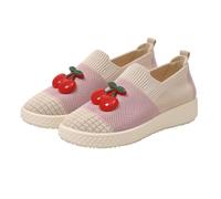 UK 5 Women's Knitted Casual Walking Sneakers Cherry Decor Slip on Knit Loafers Lightweight and Comfortable Breathable Mesh Walking Shoe Footwear Pink