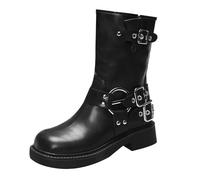 UK 5 Women's Leather Belt Buckle Ankle Booties Fashion Pull-On Low Block Heel Square Toe Adjustable Mid Calf Riding Combat Boots Metallic Casual Vintage Buckle Rivet Slip on Biker Booties Black