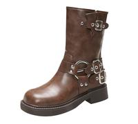 UK 5 Women's Leather Belt Buckle Ankle Booties Fashion Pull-On Low Block Heel Square Toe Adjustable Mid Calf Riding Combat Boots Metallic Casual Vintage Buckle Rivet Slip on Biker Booties Brown