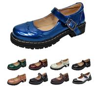 UK 5 Women's Mary Jane Shoes Platform Lug Sole Low Heel Chunky Pumps Retro Patent Round Toe Buckle Ankle Strap Oxfords Dress Work Comfy Smart Office School Shoes Blue Footwear New