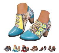 UK 5 Women's Retro Lace up Booties Chunky Block Heel Ethnic Printed Style Pointed Toe Ankle Boots Oxford Boot Short Boots Dress Shoes Pump Footwear Sky Blue