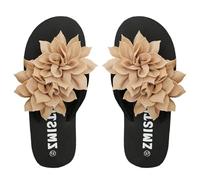 UK 6 3D Flower Flip Flops for Women,Applique Decor Lightweight Outdoor Beach Shoes Summer Flat Casual Slippers Thongs Sandals Ladies Toepost Footwear 002_Khaki