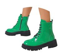 UK 6.5 Ankle Boots for Women Patent Leather Platform Lug Sole Combat Booties Lace up Low Block Chunky Heel Side Zipper Fall Winter Black Military Boot Shoes Stylish Green Footwear Gift
