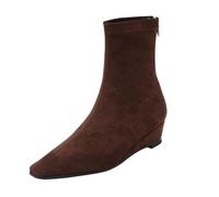 UK 6.5 Ankle Boots for Women Suede Low Wedge Pointed Toe Pull on Ankle Boots Formal Low Heel Booties Office Dress Shoes Footwear Gift Zip_Brown