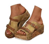 UK 6.5 Cork Wedge Platform Sandals for Ladies Womens Comfy Wedge Orthopedic Sandals Slide Double Buckle Faux Wood Open Toe Slip on High Heel Mules Sandles Khaki Footwear New