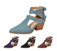 UK 6.5 Cut out Ankle Booties for Women Pointed Toe 3 Buckle Ankle Strappy Boots Leather Stylish Mid Chunky Heels Buckle Dress Office Shoes Zipper Fashion Boots Stacked Heel Sandal Footwear Blue