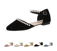 UK 6.5 Flats for Women Closed Pointed Toe Flats Adjustable Ankle Strap Ballet Shoes Suede Dress Shoes Sandals Wedding Dress Cute Shoe with Pearls Footwear Black