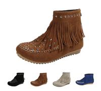 UK 6.5 Fringe Ankle Boots for Women Wide Width Flat Back Zip Vintage Womens Cowboy Boots Round Toe Tassel Studded Western Suede Cowboy Shoes Mocassion Booties Footwear Brown