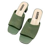 UK 6.5 Knit Heeled Mules Wide Fit Sandals for Women Heels Square Open Toe Low Block Chunky Heels Sandals Knit Upper Mules Backless Slippers Slip on Dress Shoes A0_Green Clearance Gifts for Women