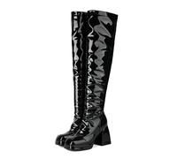 UK 6.5 Ladies Womens Over The Knee Go Go Boots Patent Leather Platform Chunky Block Heel Thigh High Boot Square Toe Long Fall Y2k Gogo Party Boots with Zipper Black Footwear