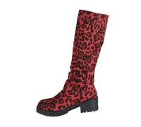 UK 6.5 Suede Knee-High Boots Slouchy Fall Boot for Women Chunky Block Mid Heel Slip on Round Toe Long Boots Comfortable Pull on Riding Boot Fashion Stylish Leopard Red Footwear Gift