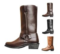 UK 6.5 Western Boots Men’s Square Toe Work Boot Pull on Leather Western Cowboy Boots Stacked Heel Pull on Motorcycle Ankle/Calf Length/Tall Boot #35cm_Coffee Footwear