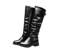UK 6.5 Women Knee High Boots Clearance Slouchy Wide Calf Knee High Boots Flat Combat Riding Boots Buckle Leather Riding Footwear Low Heel Side Zipper Fashion Boots #2_Black