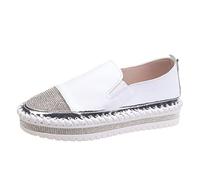 UK 6.5 Womens Diamante Slip On Trainers Casual Womens Shoes Glitter Rhinestone Sparkly Platform Loafers 004_White