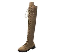 UK 6.5 Womens Lace up Flat Knee High Boots Faux Suede Low Heel Over The Knee Tall Boots Long Tight High Combat Casual Riding Boot with Half Side Zipper Footwear Khaki