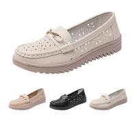 UK 6.5 Womens Loafers Soft Leather Casual Slip-On Hollow out Comfort Walking Penny Flats Boat Moccasins Sporty Wedge Loafer with Chain Trim Non-slip Outdoor Driving Shoes for Ladies Beige Footwear New