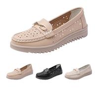 UK 6.5 Womens Loafers Soft Leather Casual Slip-On Hollow out Comfort Walking Penny Flats Boat Moccasins Sporty Wedge Loafer with Chain Trim Non-slip Outdoor Driving Shoes for Ladies Khaki Footwear New