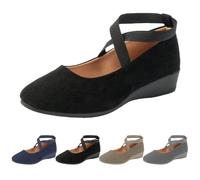 UK 6.5 Womens Low Wedge Ballerina Ankle Elastic Crossing Strap Round Toe Comfy Pump Shoes Comfy Dolly Shoes for Ladies A0_Black Clearance