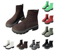 UK 6.5 Women's Round Toe Knited Stretch Socks Ankle Boots Elastic Chelsea Boots Chunky Block Heel Platform Lug Sole Ankle Booties Footwear Coffee