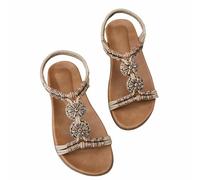UK 6 Boho Flat Sandals for Women Bohemian Beaded Strap Shoes Diamante Slip-On Toe Post Sandals with Elastic Ankle Strap for LADIES Coffee Footwear