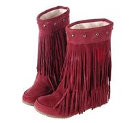 UK 6 Fringe Ankle Cowboy Aboots for Women Flat Short Cowgirl Booties Western Fringed Tassel Ankle Boots Rivet Suede Flats Pull on Dress Booties Fall Winter Shoes Red Footwear