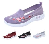 UK 6 Slip on Trainers Women Wide Fit Ladies Breathable Mesh Flower Embroidery Walking Shoes Soft Sole Walk Sports Pumps Summer Sneaker Athletic Shoes 002_Purple Footwear New
