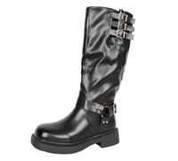 UK 6 Slouchy Under Knee Boots for Women Motorcycle Riding Boots with Buckle Ladies Chunky Block Low Heel Wide Mid Calf Booties Pull on Side Zipper Casual Comfortable Moto Biker Boot Footwear Black