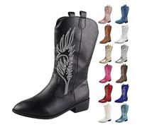 UK 6 UK Cowboy Boots for Women Western Boot Mid Calf Cowgirl Boots with Embroidery Pull on Pointed Toe Stylish Chunky Low Heel Shoes for Theme Party Country Concert All Season Footwear 002_Black