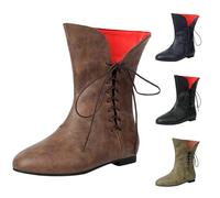 UK 6 Wide Calf Ankle Boots for Women Mens Vintage Flats Short Boots Round Toe Pirate Victorian Boots Lace up Cos Medieval Renaissance Faux Leather Gothic Shoes Footwear Brown
