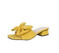 UK 6 Women Block Heeled Mules Suede Square Open Toe Low Block Heels Sandals with Cue Bow Slip on Slides Casual Party Evening Backless Mules Sandals Yellow Ladies Footwear Gifts