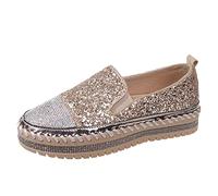 UK 6 Womens Diamante Slip On Trainers Casual Womens Shoes Glitter Rhinestone Sparkly Platform Loafers 002_Gold