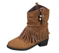 UK 6 Womens Foldover Tassel Ankle Booties Fold Over Short Bootie Flat Low Block Heel Suede Pull on Cowboy Boots Cowgirl Western Slouchy Ankle Booties A#01_Brown Stylish Footwear Gifts