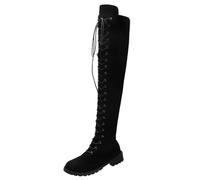 UK 6 Womens Lace up Flat Knee High Boots Faux Suede Low Heel Over The Knee Tall Boots Long Tight High Combat Casual Riding Boot with Half Side Zipper Footwear Black