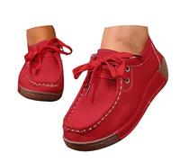 UK 6 Women's Lace up Platform Sneakers Moccasins Wide Low Top Shoes Slip on Loafers Comfortable Round Toe Low Wedge Loafers Breathable Non-Slip Nurse Work Shoes with Arch Support Red Footwear