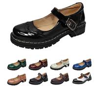 UK 6 Women's Mary Jane Shoes Platform Lug Sole Low Heel Chunky Pumps Retro Patent Round Toe Buckle Ankle Strap Oxfords Dress Work Comfy Smart Office School Shoes Black Footwear New