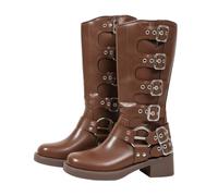 UK 6 Women's Mid Calf Boots Chunky Low Heel Square Toe Riding Buckle Boot for Women Pull on Leather Western Cowboy Boots Pull on Motorcycle Punk Metallic Vintage Buckle Rivet Brown