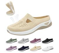 UK 6 Womens Mules Sneakers Air Cushion Open Back Indoor Outdoor Nursing Shoes Backless Slip on Orthopedic Shoes Wide Fit Walking Mule Closed Toe Sandals Sneaker Ladies Mules Trainers A0_Beige