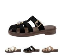 UK 6 Women's Sandals Flat Mules Adjustable Strappy Closed Toe Hollow Out Summer Walking Slip on Backless Shoes Sandal Slippers Black Footwear New