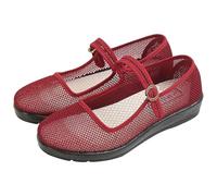 UK 6 Women's Soft Breathable Mary Jane Buckle Strap Mesh Comfort Flats Walking Shoes for Mom Lady Casual Mary Janes YL25DFG0207 Red Footwear