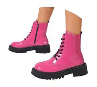 UK 7.5 Ankle Boots for Women Patent Leather Platform Lug Sole Combat Booties Lace up Low Block Chunky Heel Side Zipper Fall Winter Black Military Boot Shoes Stylish Hot Pink Footwear Gift
