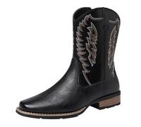 UK 7.5 Cowboy Boots for Men with Side Zipper Square Toe Western Boot Embroidery Retro Classic Pull on Boot Slip Resistant Country Boots Chunky Heel Ankle Short Booties Black Footwear