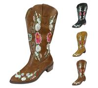 UK 7.5 Cowboy Boots for Women, Flower Embroidered Mid Calf Cowgirl Boots Pointed Toe Western Chunky Stacked Low Heel Shoes Riding Booties for Theme Party Country Concert Stylish Brown Footwear Gift