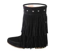 UK 7.5 Fringe Ankle Cowboy Aboots for Women Flat Short Cowgirl Booties Western Fringed Tassel Ankle Boots Rivet Suede Flats Pull on Dress Booties Fall Winter Shoes Black Footwear