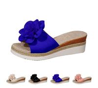 UK 7.5 Hessian Platform Wedge Sandals Mules Slippers for Women 3D Flower Open Toe Slip on Espadrilles Wedge Casual Sandals Comfortable Vacation Travel Slippers Blue Footwear New